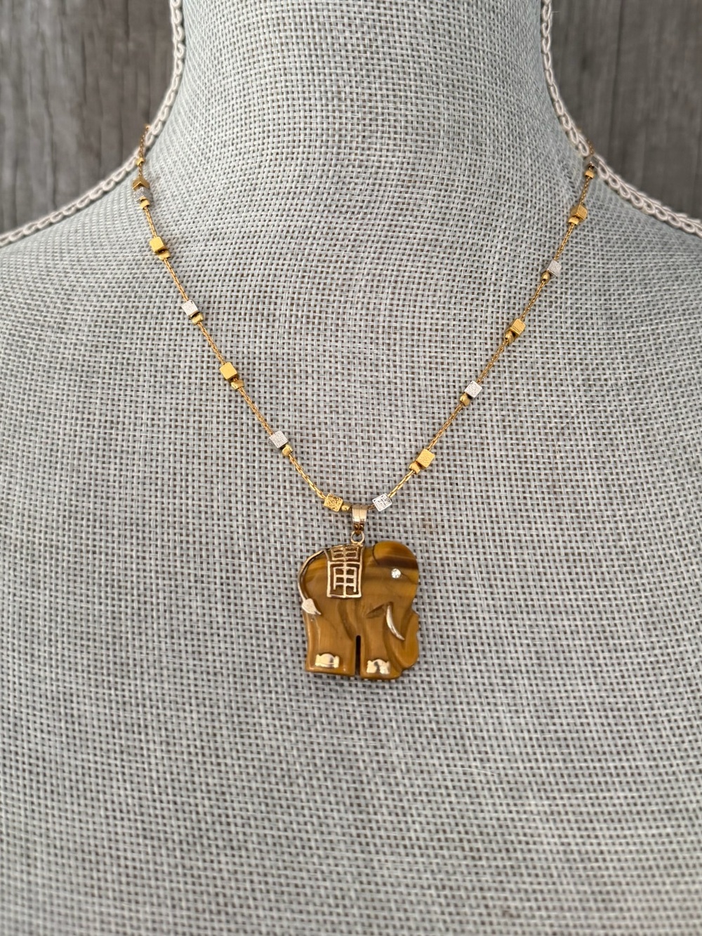 Vintage Butler for FAC Carved Tiger Eye Elephant Necklace